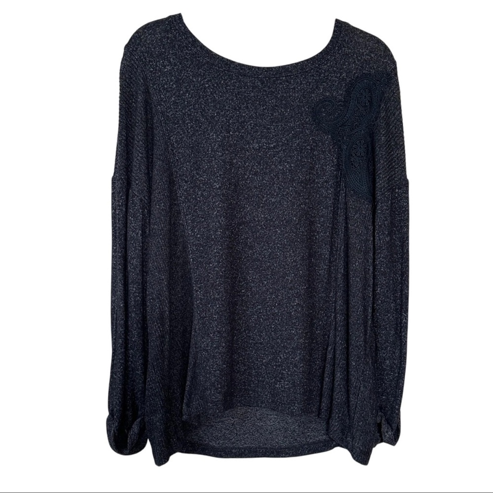 3/$20💥 Bobeau Knit Top Crochet Relaxed Fit Rolled Sleeve‎ Charcoal Sz Lg
